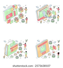 Set of E Shopping Isometric Illustrations

