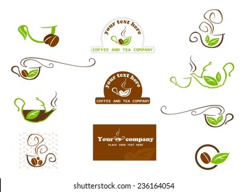 Set of ea and coffee icons and labels. Vector