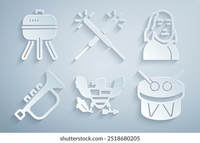 Set Eagle, Benjamin Franklin, Trumpet, Drum and drum sticks, Sparkler firework and Barbecue grill icon. Vector
