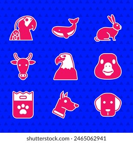 Set Eagle head, Dog, Goose bird, Bag of food, Cow, Rabbit and Macaw parrot icon. Vector