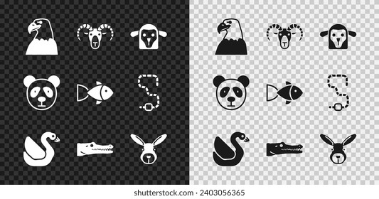 Set Eagle head, Head of goat or ram, Sheep, Swan bird, Crocodile, Rabbit, Cute panda face and Fish icon. Vector