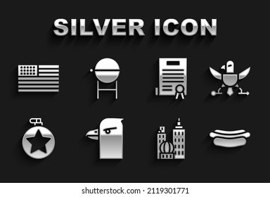 Eagle cabeza, sandwich Hotdog, paisaje de la ciudad, botella de agua Canteen, Declaración de independencia, bandera estadounidense e ícono de parrillada barbacoa. Vector