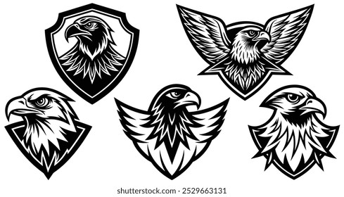 Set of eagle head logo, eagle face shield badge and Buzzard icons vector art on a white background