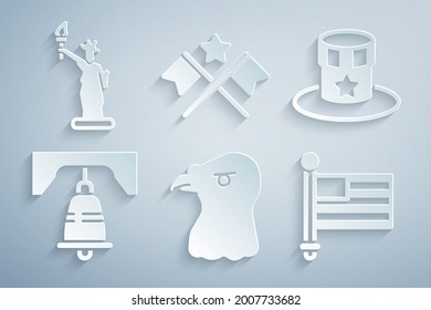 Set Eagle head, Patriotic American top hat, Liberty bell in Philadelphia, flag,  and Statue of icon. Vector
