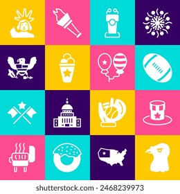 Set Eagle head, Patriotic American top hat, Football ball, Stage stand or tribune, Ice cream in waffle cone, Statue of Liberty and Balloons icon. Vector