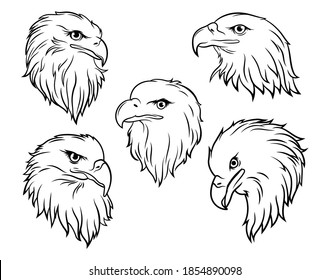 Set of eagle heads. Collection of portraits of a bird of prey. Sports logo. Mascot. Vector illustration isolated on white background. Tattoo.