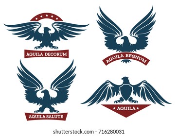 Set of eagle heraldic labels with stars, shields and ribbons. Symbol and bird, logo design element. Vector illustration