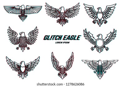 Set of eagle illustration in line style with glitch effect. Design element for logo, label, emblem, sign, poster. Vector illustration