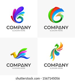 Set Of Eagle Logo Design, Colorful Bird Logo Collection, Playful Phoenix Symbol, Falcon/Hawk Mascot Logo Template, Wings Vector 