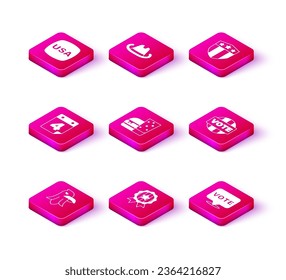 Set Eagle, Medal with star, Calendar date July 4, Burger, Vote, Shield stars and Western cowboy hat icon. Vector