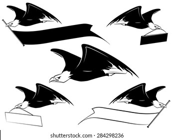 Set of eagle silhouettes showing flying birds with flags and plates
