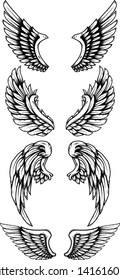 Set of eagle wings in tattoo style. Design element for logo, label, sign, poster, card, t shirt. Vector illustration