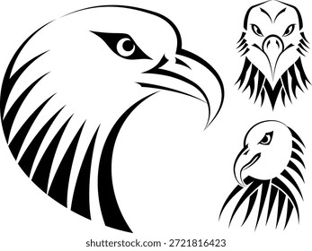 Conjunto de cabezas de águilas Conjunto de cabezas de águilas Siluetas, aisladas sobre fondo blanco, Ilustración vectorial