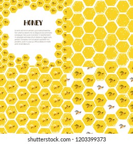 Set of eamless patterns and frame. Honeycomb and bees. Vector hand drawn illustration.