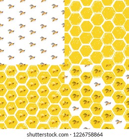 Set of eamless patterns. Honeycomb and bees. Vector hand drawn illustration.