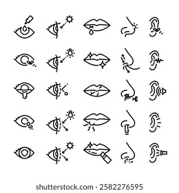 Set of ear, eye, nose and mouth icons, simple black line design.