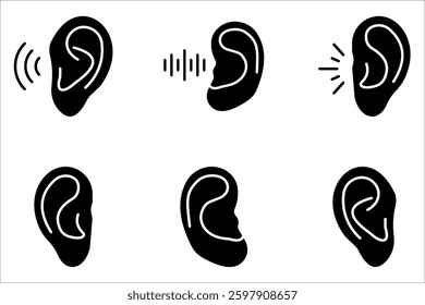 Set of ear icons, hearing symbols, on white background.