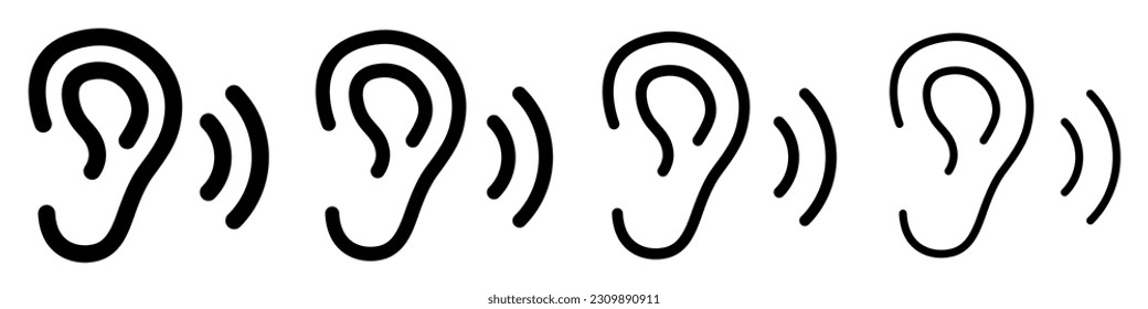 Set of ear icons. Ear listening symbol. Hearing icon, music, audio, otology sign, anatomy and biology. Vector illustration.