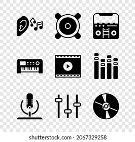 Set Ear listen sound signal, Stereo speaker, Home stereo with speakers, Microphone, Music equalizer, CD or DVD disk, synthesizer and Online play video icon. Vector