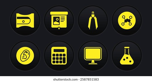 Set Ear listen sound signal, Chemical formula, Calculator, Computer monitor, Drawing compass, Projection screen, Test tube and Pencil sharpener icon. Vector