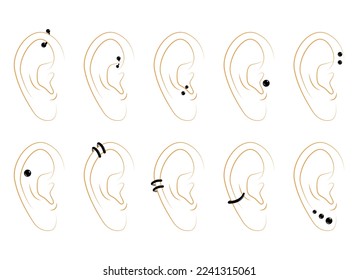 Set of ear piercing in different places flat vector illustration isolated on white background