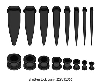 Set of ear tunnels and taper starters kit different sizes icons. Black color. Illustration isolated on white