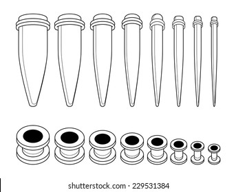 Set of ear tunnels and taper starters kit different sizes icons. Contour lines illustration isolated on white