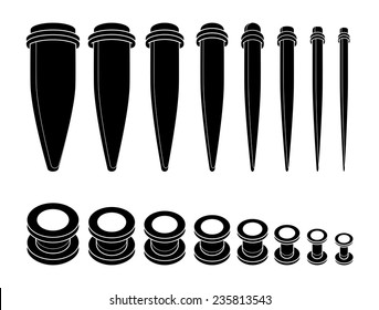 Set of ear tunnels and taper starters kit different sizes icons. Black color. Vector clip art illustration isolated on white