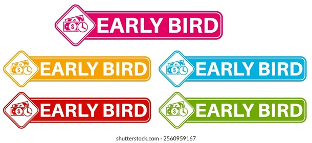 Set early bird badge labels icon. early buy design discount offer sticker template vector illustration	