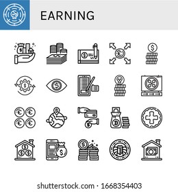 Set of earning icons. Such as Coin, Assets, Money, Cheque, Euro, Revenue, Sign, Cash back, Money bag , earning icons
