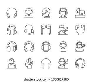 Conjunto de iconos de línea de vectores relacionados con auriculares. Incluye iconos como operador, música, sonido, centro de llamadas y más. - vector