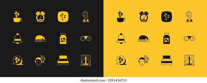 Ponga las Olas y Oro, Sueños, Píldora Durmiente, Gran cama, sombrero, Sleepy, Té Chamomile e icono del reloj de alarma. Vector