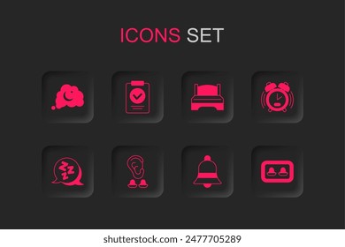 Set Earplugs and ear, Medical prescription, Dreams, Ringing bell, Alarm clock, with storage box, Big bed and Sleepy icon. Vector