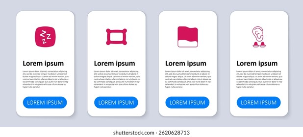 Ajuste tampões de ouvido e orelha, travesseiro e sonolento. Modelo de infográfico comercial. Vetor