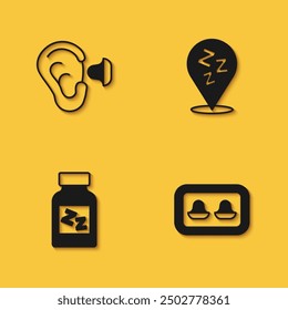 Set Earplugs and ear, with storage box, Sleeping pill and Sleepy icon with long shadow. Vector
