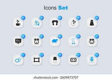 Set Earplugs with storage box, Alarm clock, Sleepy, Medical prescription, Chamomile tea and Sheep icon. Vector