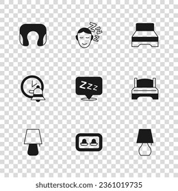 Set Earplugs with storage box, Big bed, Table lamp, Sleepy, Travel neck pillow, Dreams and Alarm clock icon. Vector