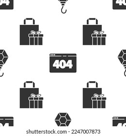 Set Earring, Page with a 404 error and Gift box on seamless pattern. Vector