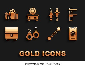 Fijar los embutidos, la pinza de freno o la pinza y la escala, la compra en línea de joyas, Piercing, caja, piedra de gema e icono. Vector