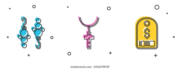 Set Earrings, Christian cross on chain and Price tag with dollar icon. Vector