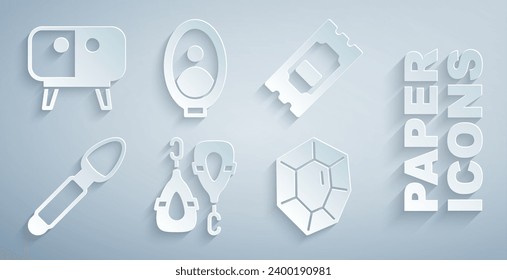 Set Earrings, Cinema ticket, Silver spoon, Gem stone, Portrait picture museum and TV table stand icon. Vector