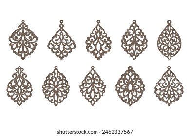 Set of earrings designs laser cut, jewelry pendants vector templates isolated.