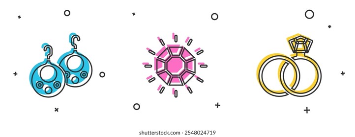 Conjunto de pendientes, diamante y Boda icono. Vector