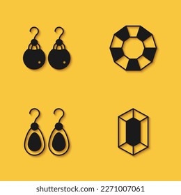 Set Earrings, Gem stone,  and Diamond icon with long shadow. Vector