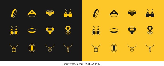 Set Earrings, Gem stone, Diamond, Locket necklace, Bracelet jewelry, Necklace, Wedding and King crown icon. Vector