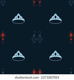 Set Earrings,  and King crown on seamless pattern. Vector