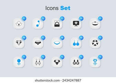 Conjunto Pendientes, Collar, Piercing, Pendientes de perla, Diamante, maniquí y collar de perlas icono. Vector
