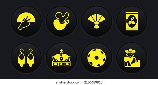 Set Earrings, Olives can, Crown of spain, Football ball, Fan flamenco, Spanish wineskin, Bullfight, matador and  icon. Vector