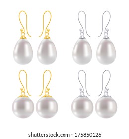 Set of earrings with pearls - round and drop forms. Golden and silver hook earring findings.