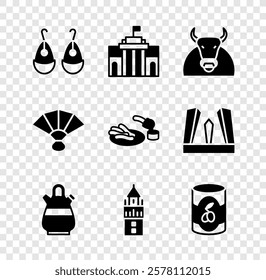 Set Earrings, Prado museum, Bull, Sangria pitcher, Giralda, Olives can, Fan flamenco and Churros and chocolate icon. Vector